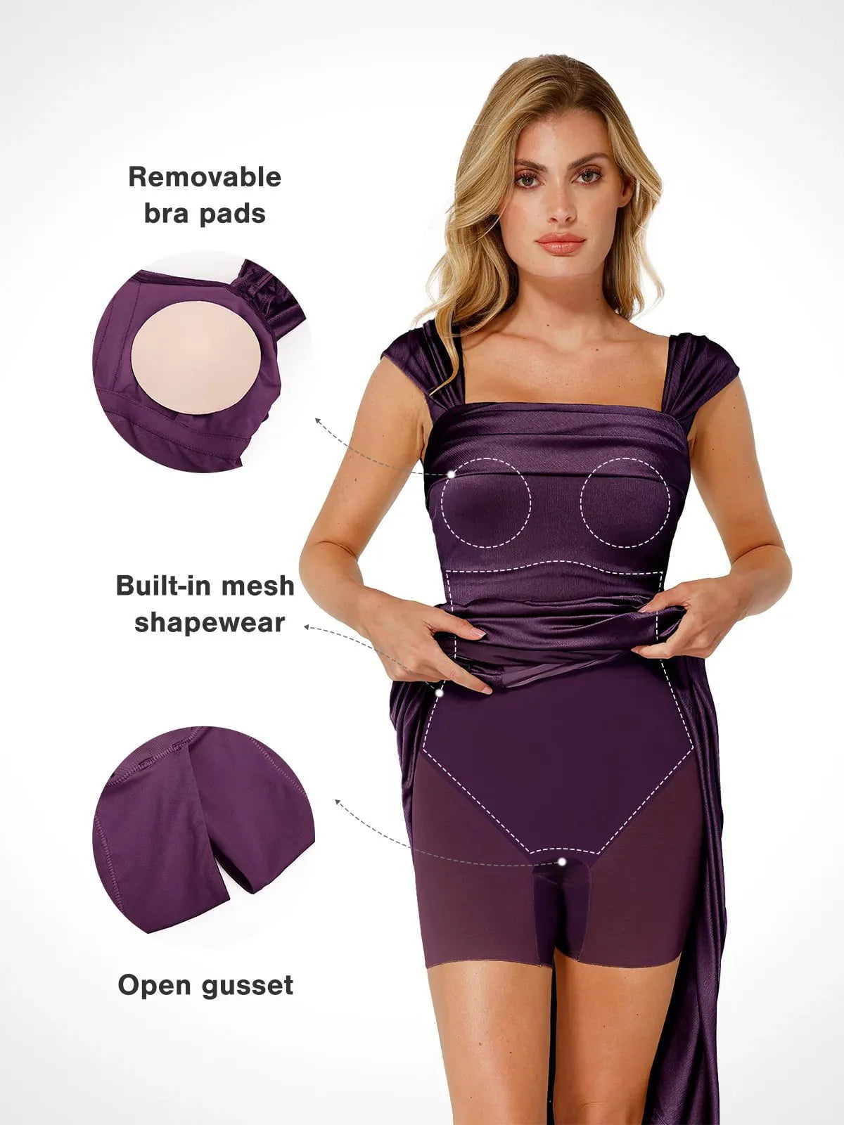 Vestido maxi moldeador de hombros descubiertos, brillante y con frunces
