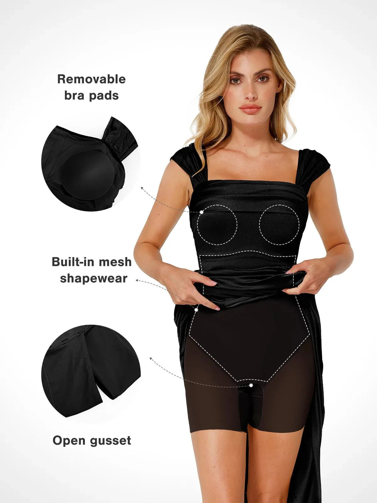 Vestido maxi moldeador de hombros descubiertos, brillante y con frunces