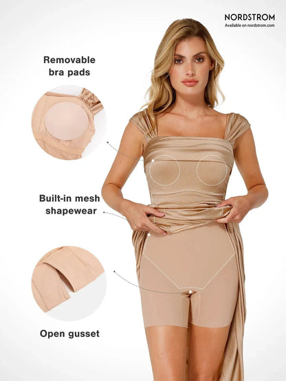 Vestido maxi moldeador de hombros descubiertos, brillante y con frunces