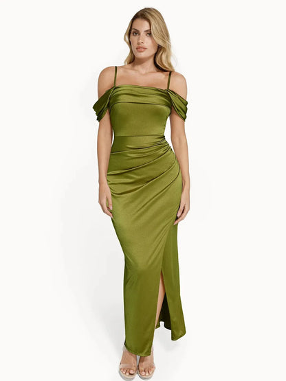 Vestido maxi moldeador de hombros descubiertos, brillante y con frunces