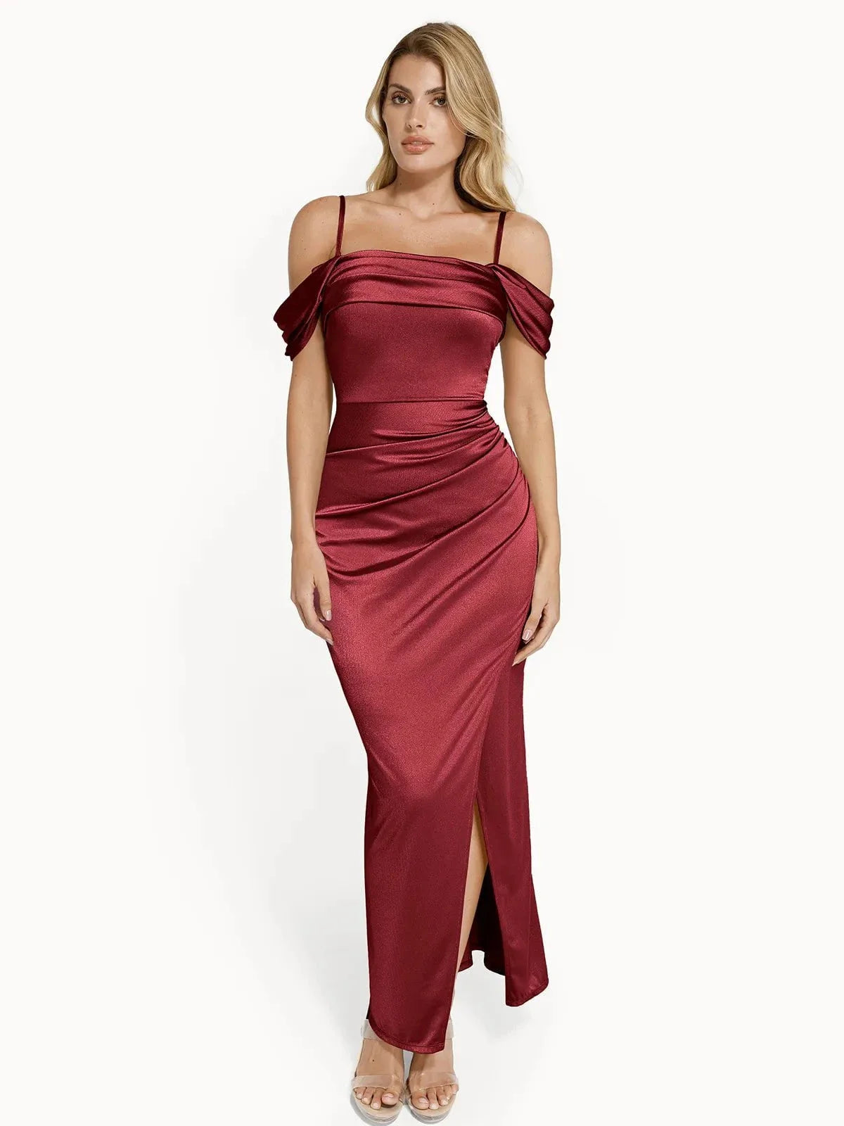 Vestido maxi moldeador de hombros descubiertos, brillante y con frunces