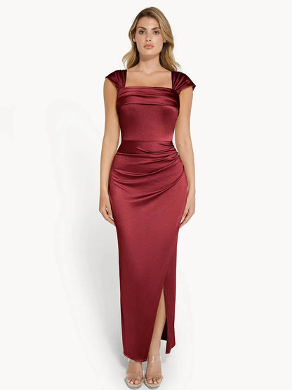 Vestido maxi moldeador de hombros descubiertos, brillante y con frunces
