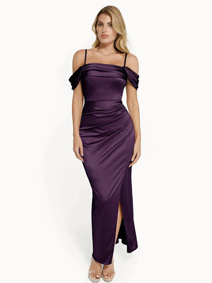 Vestido maxi moldeador de hombros descubiertos, brillante y con frunces