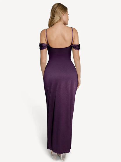 Vestido maxi moldeador de hombros descubiertos, brillante y con frunces