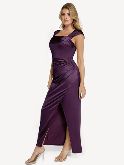 Vestido maxi moldeador de hombros descubiertos, brillante y con frunces