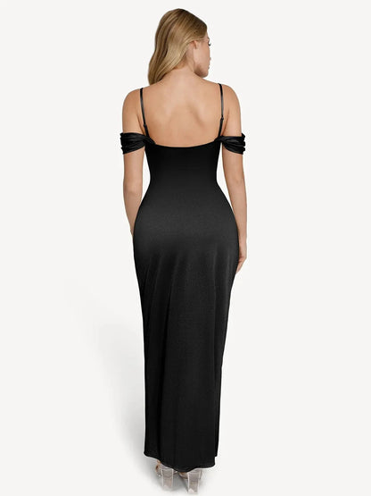 Vestido maxi moldeador de hombros descubiertos, brillante y con frunces