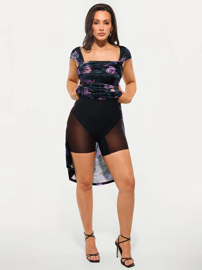 Vestido maxi moldeador de hombros descubiertos, brillante y con frunces