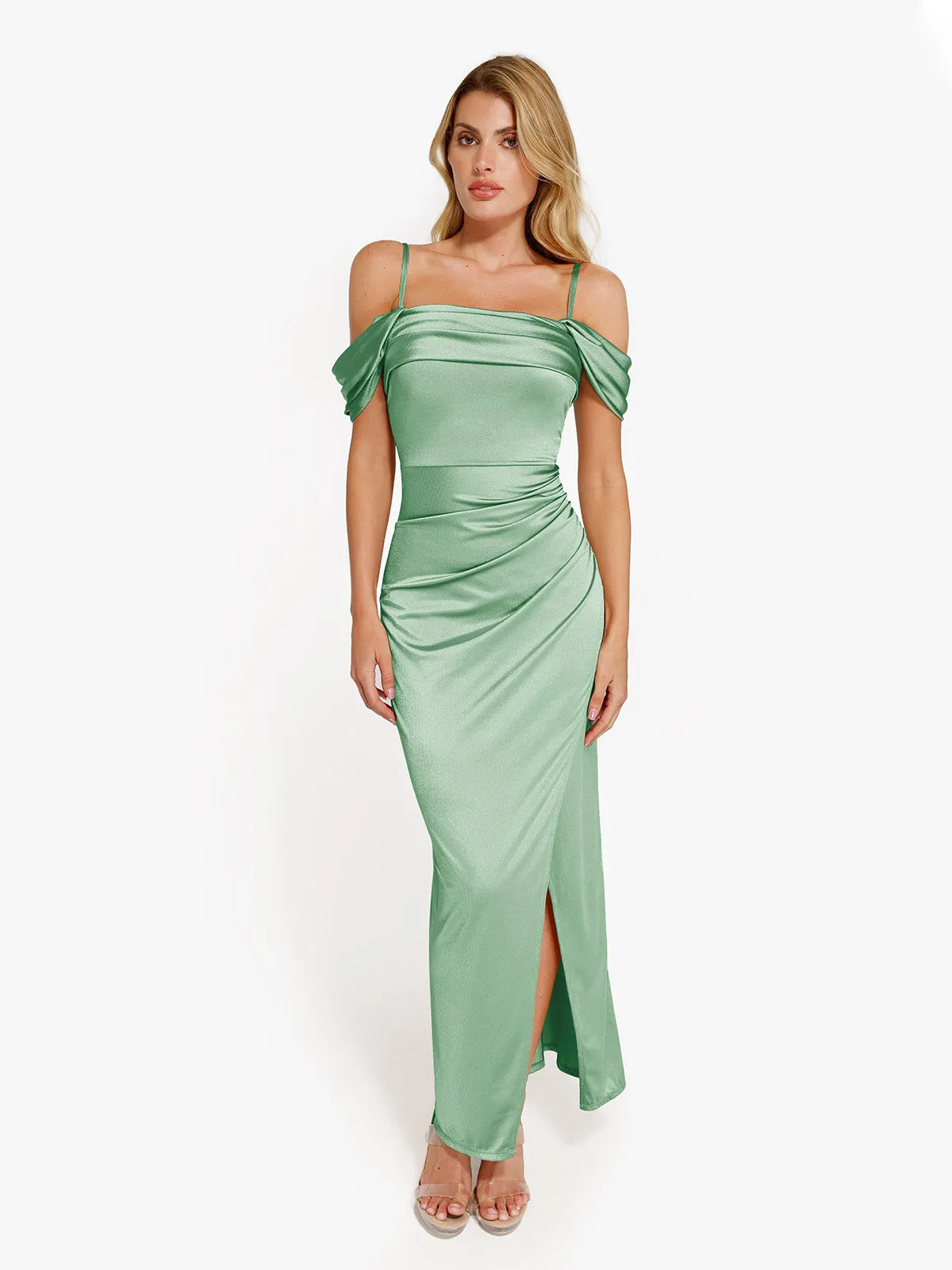 Vestido maxi moldeador de hombros descubiertos, brillante y con frunces