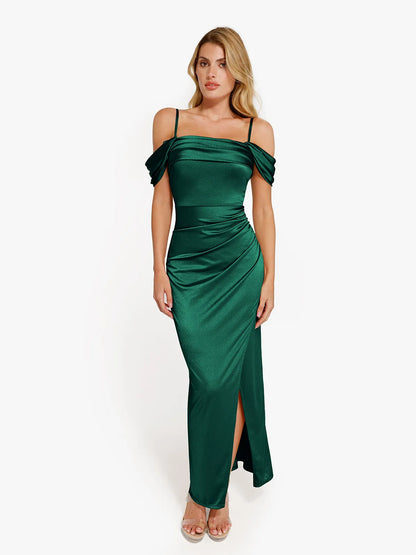 Vestido maxi moldeador de hombros descubiertos, brillante y con frunces