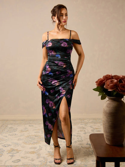 Vestido maxi moldeador de hombros descubiertos, brillante y con frunces