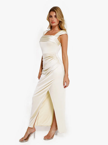 Vestido maxi moldeador de hombros descubiertos, brillante y con frunces