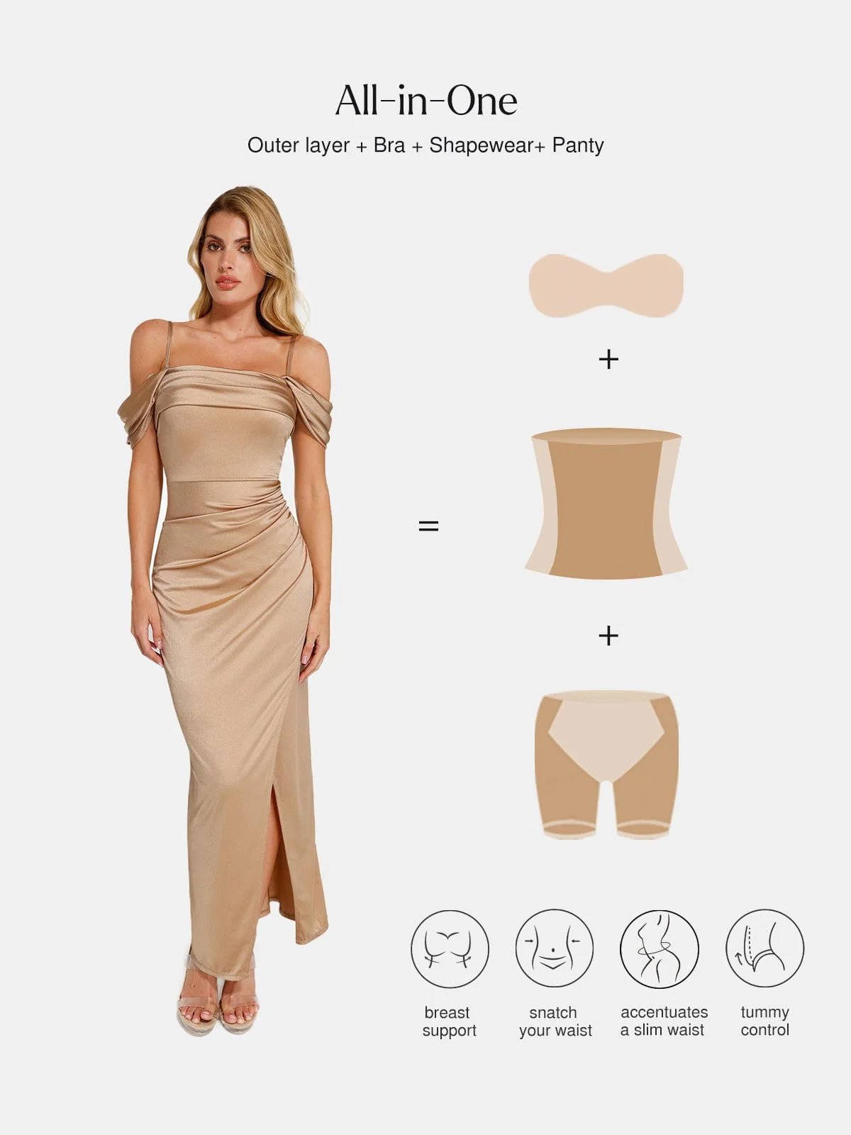 Vestido maxi moldeador de hombros descubiertos, brillante y con frunces