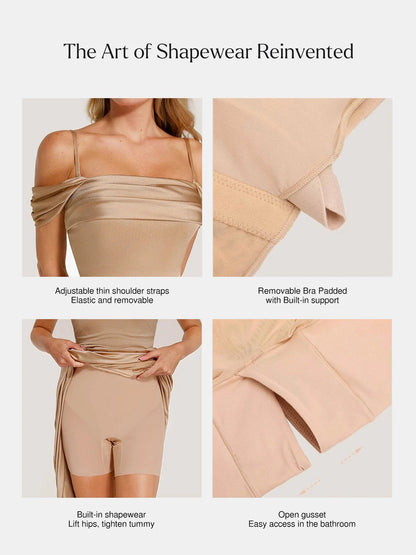 Vestido maxi moldeador de hombros descubiertos, brillante y con frunces