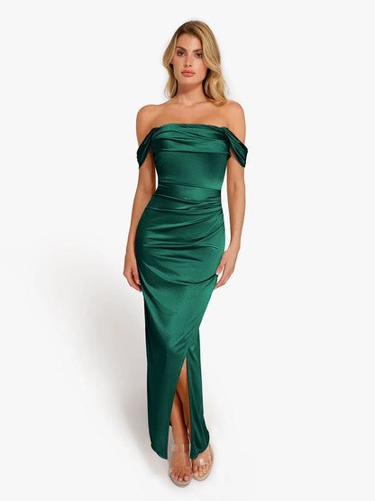 Vestido maxi moldeador de hombros descubiertos, brillante y con frunces