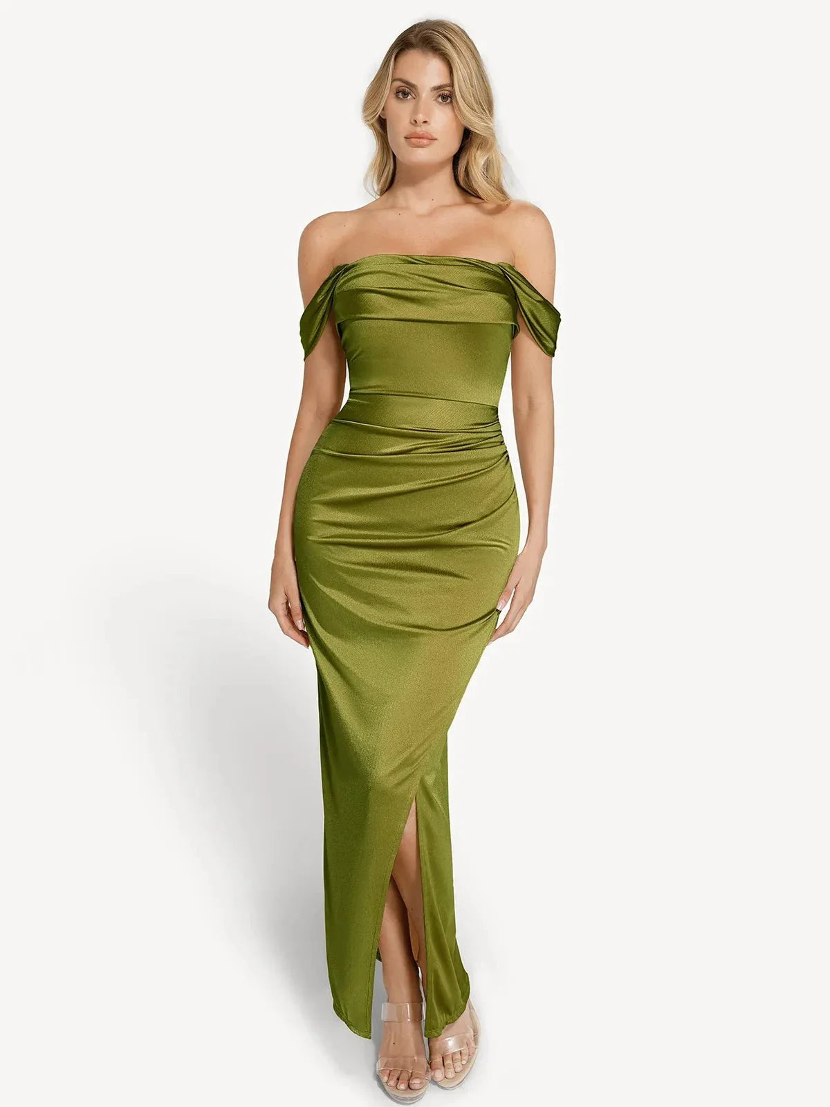 Vestido maxi moldeador de hombros descubiertos, brillante y con frunces