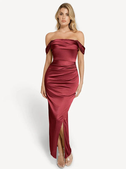Vestido maxi moldeador de hombros descubiertos, brillante y con frunces