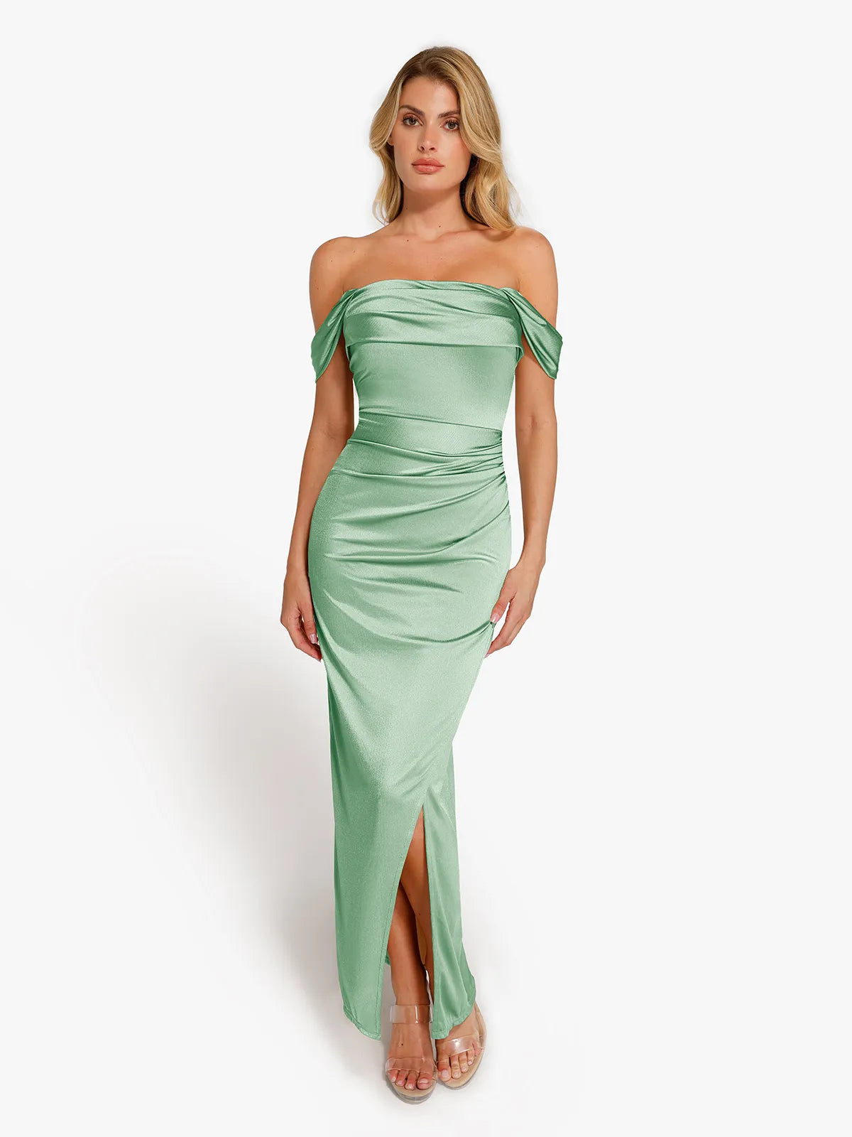 Vestido maxi moldeador de hombros descubiertos, brillante y con frunces